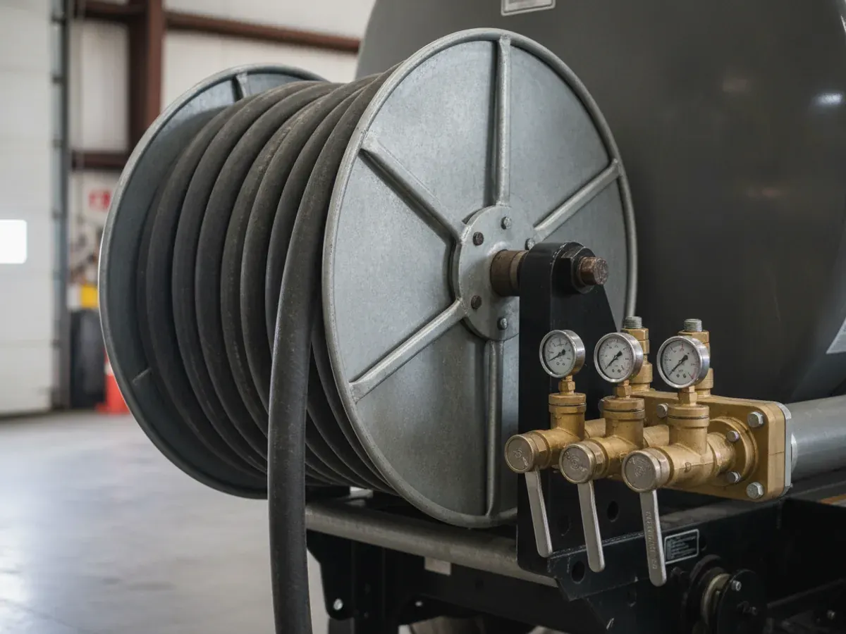 Suction hose reel and valve fittings on a septic vacuum truck