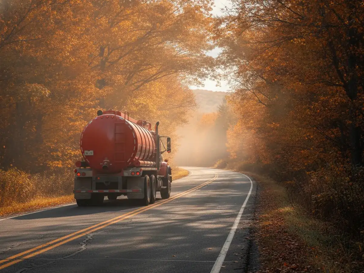 Red vacuum tanker truck on a rural Maine road in autumn