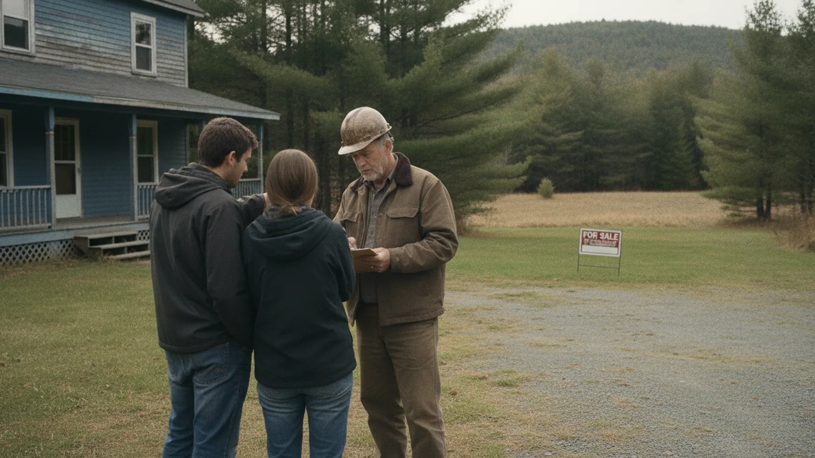 Real estate sign in front of a rural Maine home with a septic system in the yard