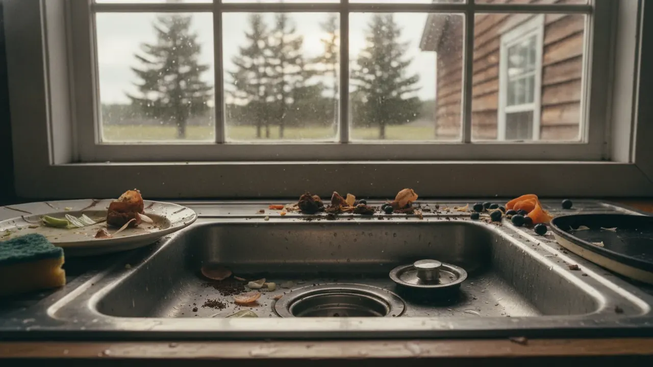 Kitchen sink with an in-sink garbage disposal installed above a home septic system in Maine