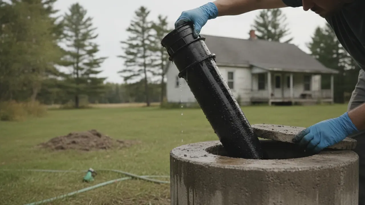 Technician holding a septic effluent filter cartridge pulled from a tank outlet during a Maine pumping visit