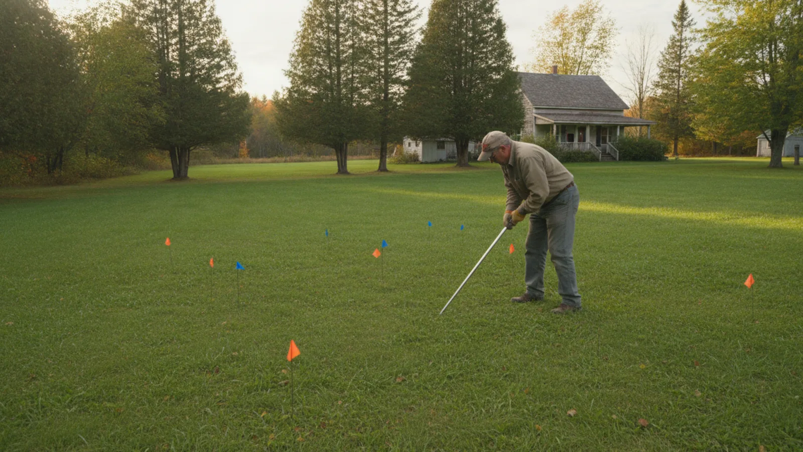Homeowner using a metal probe rod to locate a buried septic tank lid in a Maine yard