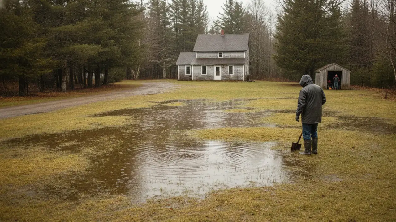 Rain-soaked lawn over a septic drain field in the Bangor, Maine area with visible wet spots