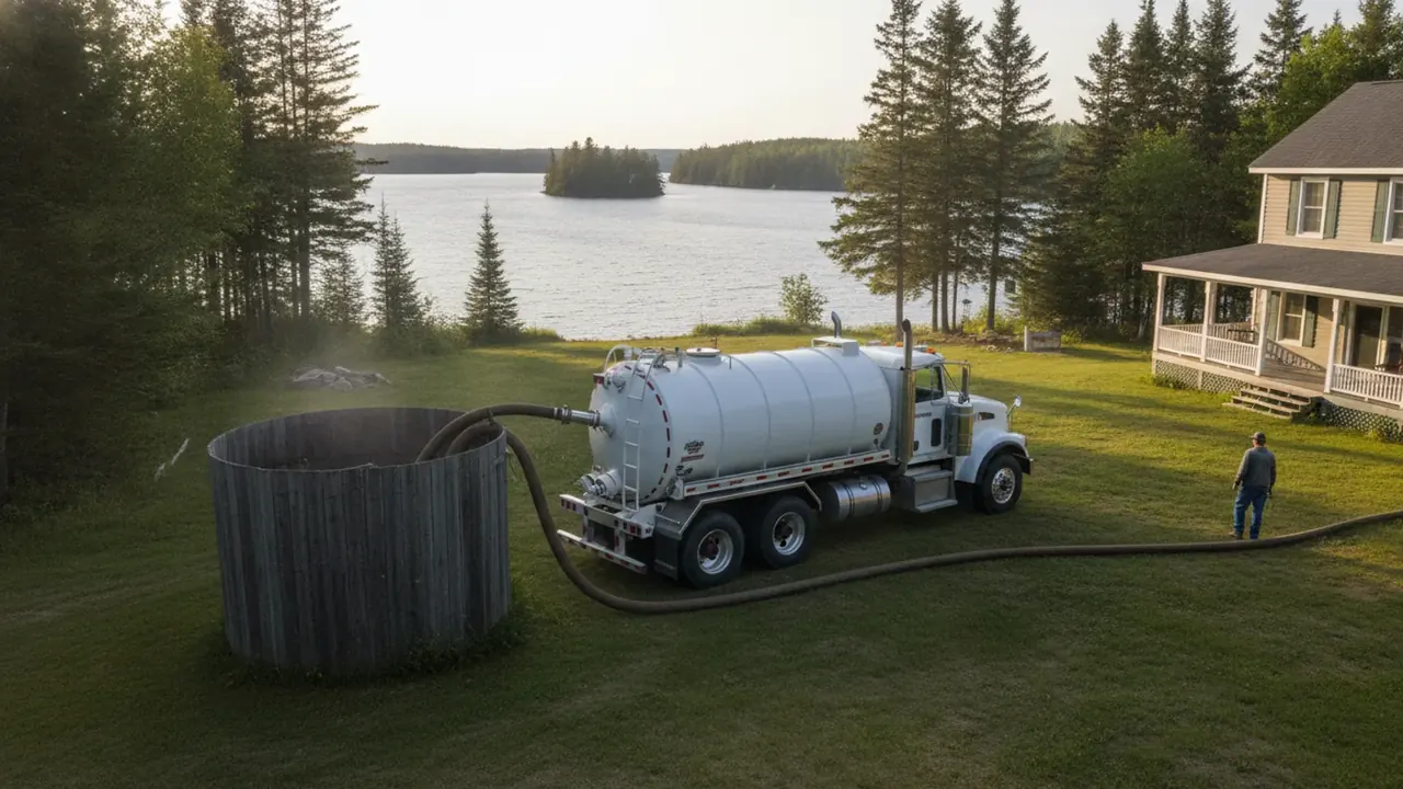 Holding tank pump-out at a waterfront camp on a Maine lake