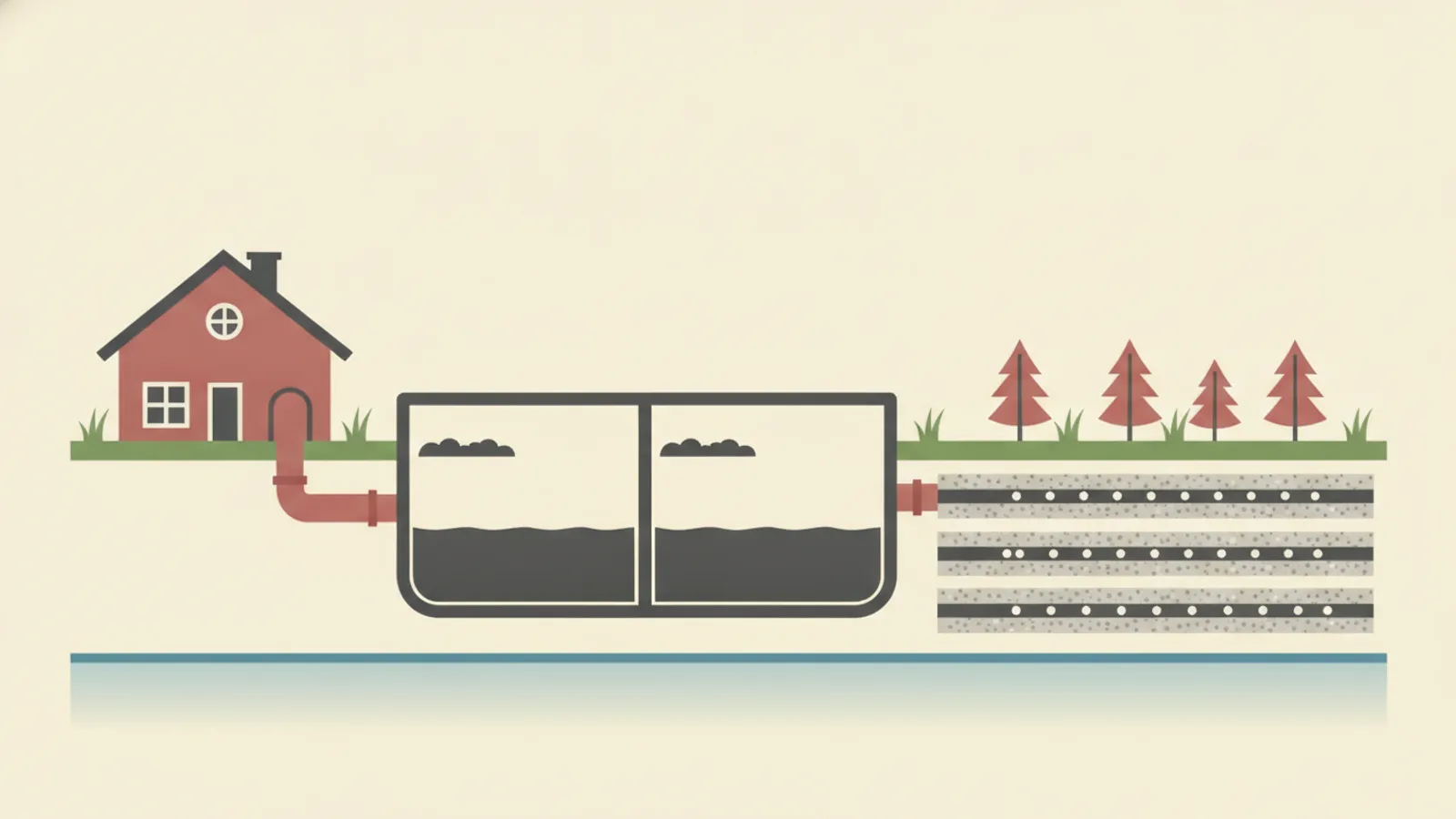 Cutaway diagram of a buried septic tank showing the scum, liquid, and sludge layers, with pipes running out to the leach field