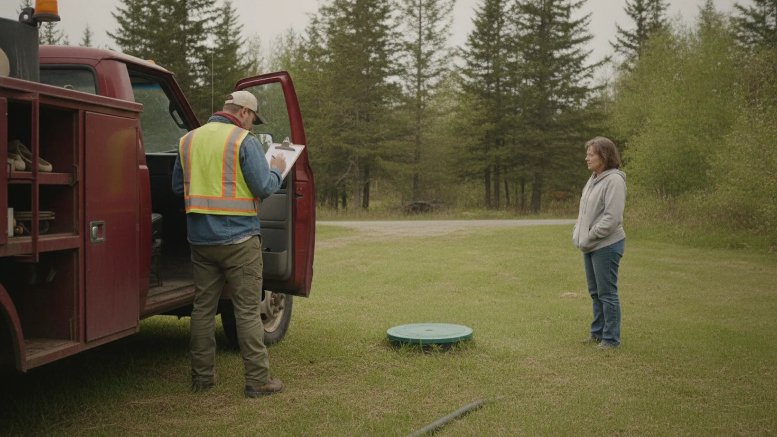 Septic technician inspecting an open septic tank at a home near Bangor, Maine