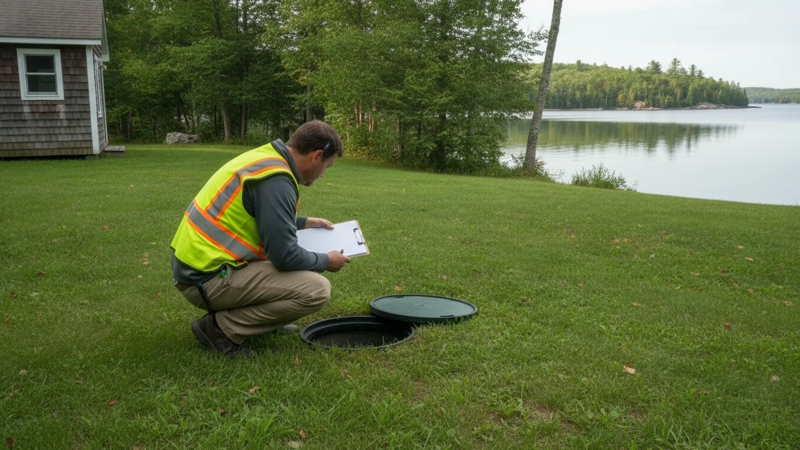 Septic inspector checking a system at a lakefront camp in Maine before a property sale