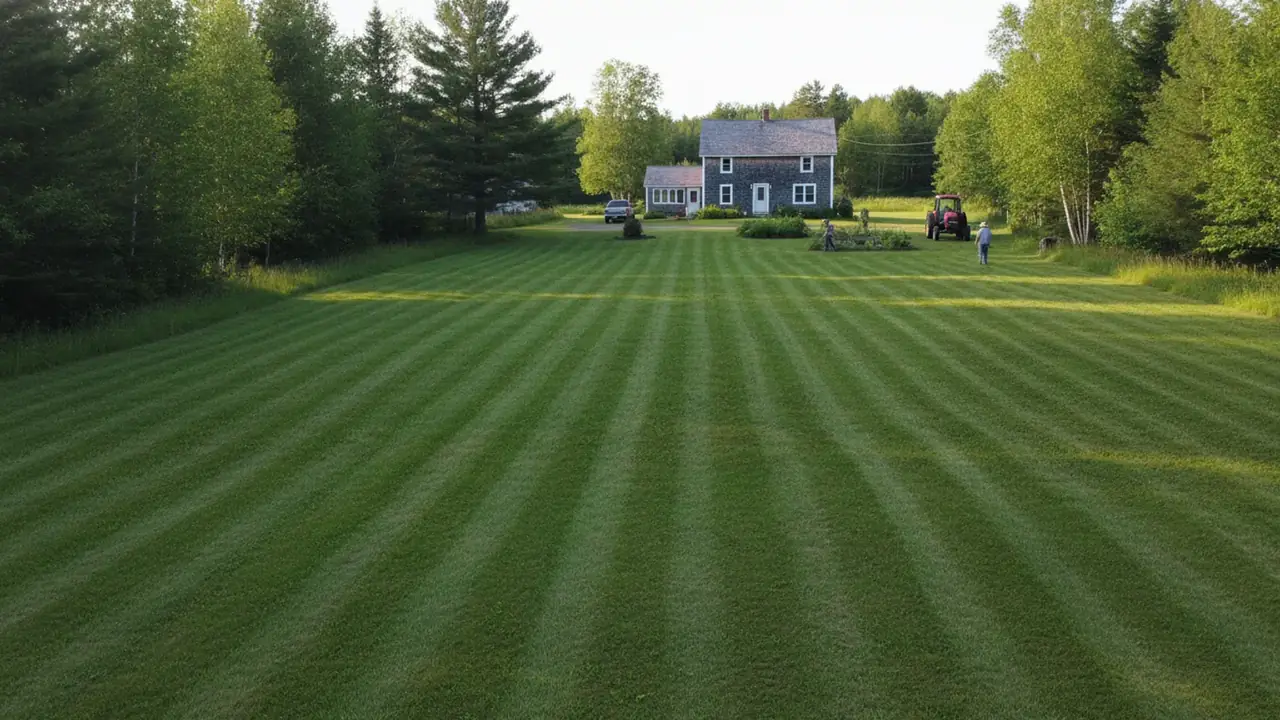 Grass lawn growing over a septic drain field with mature trees kept a safe distance back on a Maine property