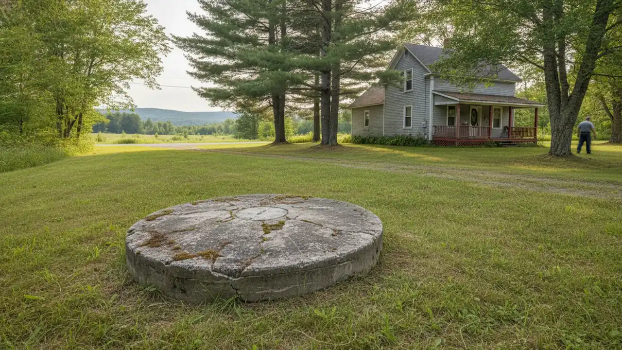 Older concrete septic tank lid uncovered in a yard near Bangor, Maine, showing decades of service