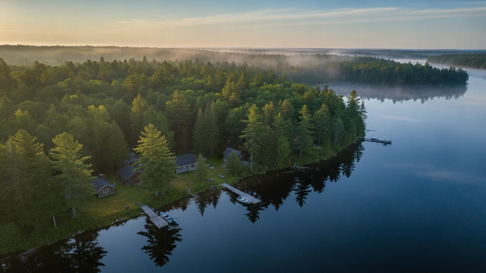 A Maine lakeside camp with evergreen shoreline