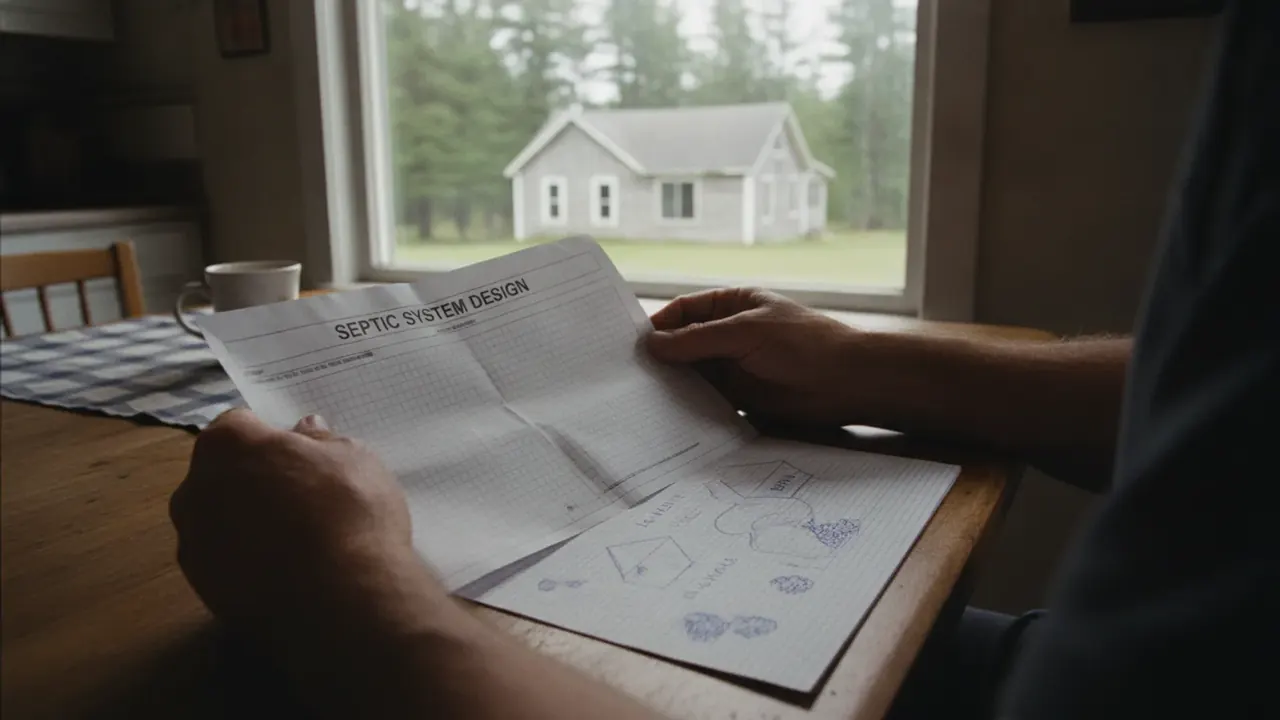 Homeowner reviewing an official Maine septic system design form at a kitchen table