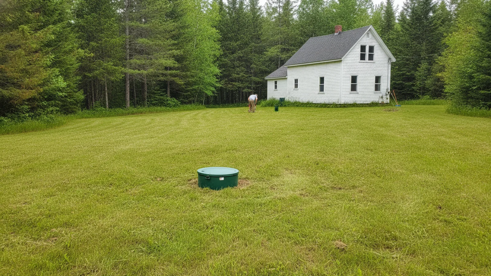 Green plastic septic riser and lockable lid installed flush with the lawn above a buried septic tank in Maine