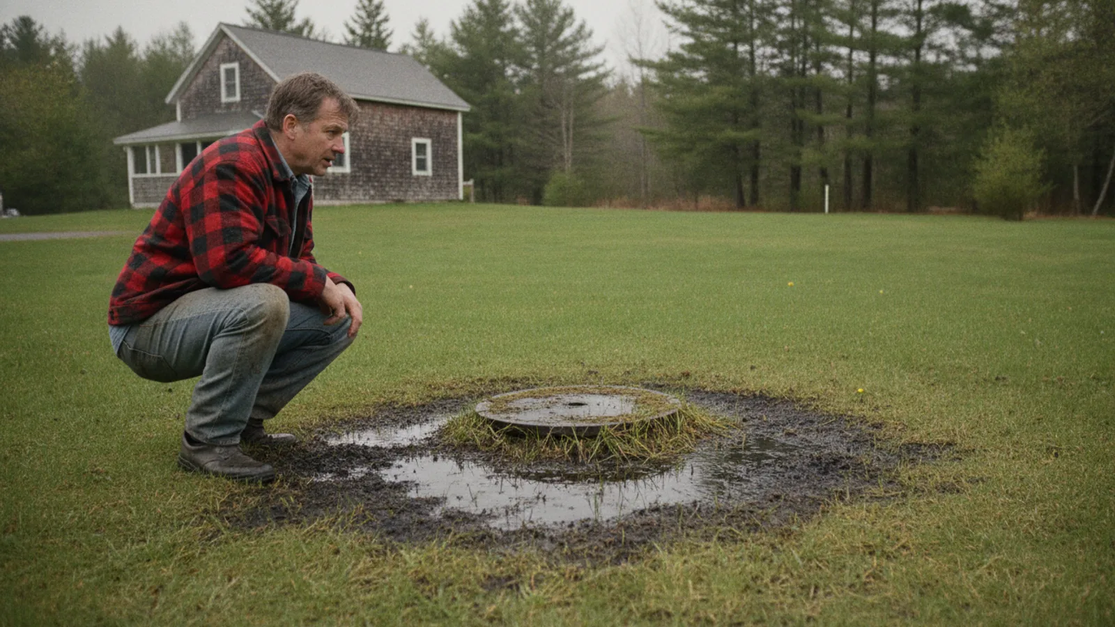 Snowmelt pooling over a septic tank lid in a Maine yard, a common warning sign the tank needs pumping