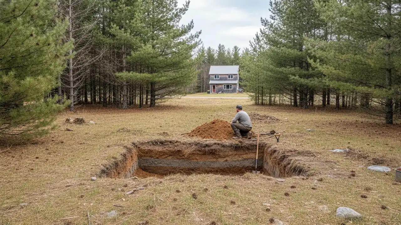 Site evaluator digging a test pit to inspect soil layers for a septic system in Penobscot County, Maine