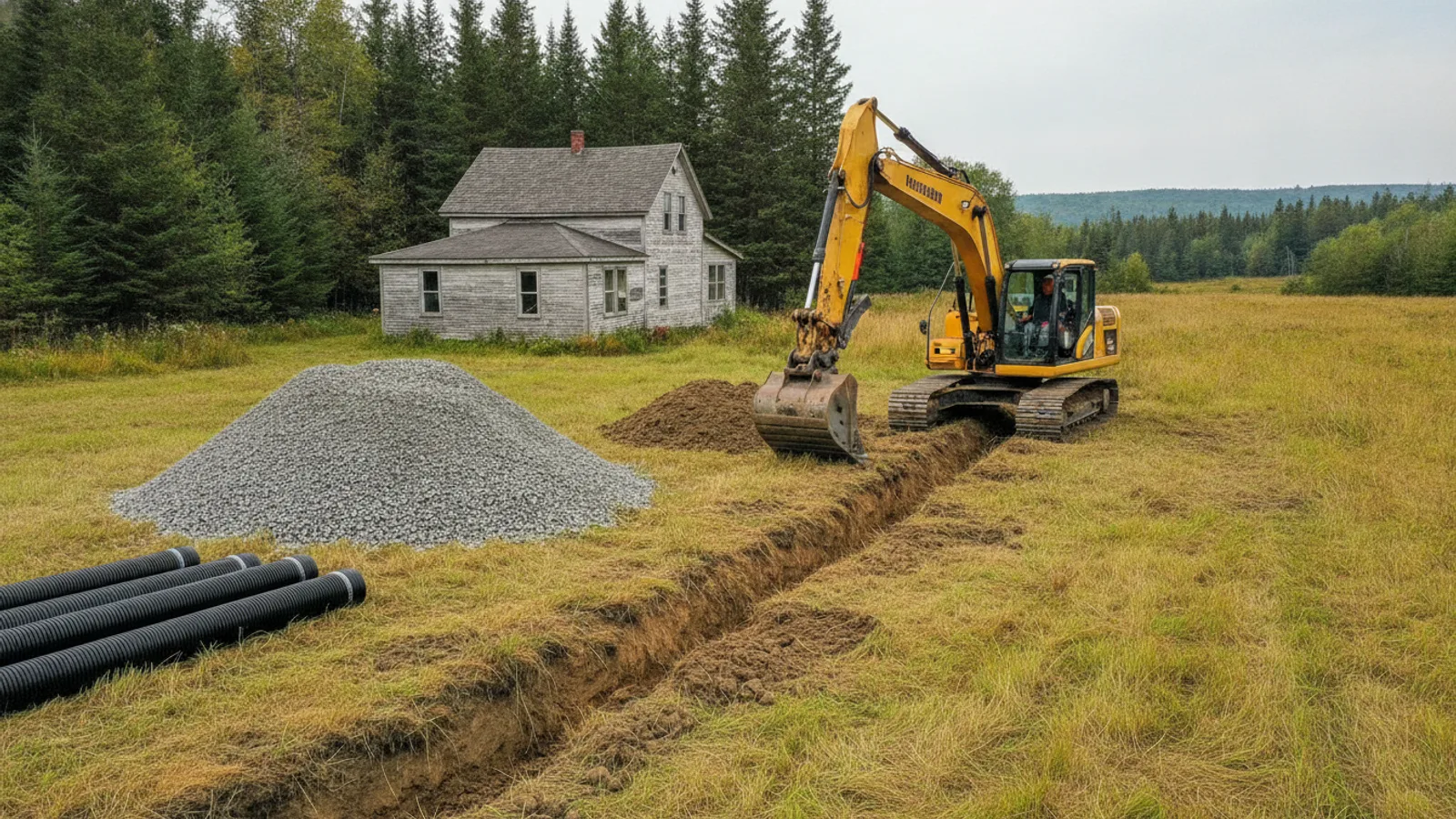 Excavator digging a new leach field trench for a septic system replacement in Penobscot County, Maine
