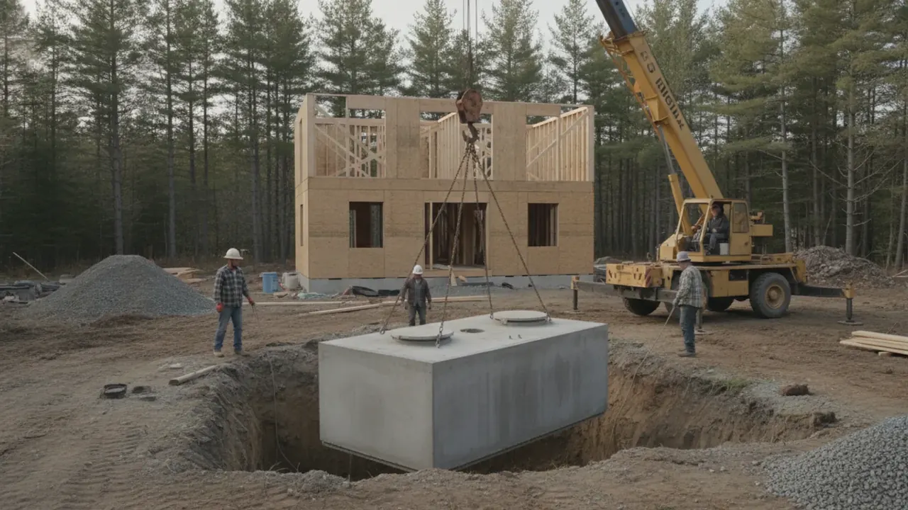 Excavated septic tank lid showing tank size markings at a Bangor, Maine area home