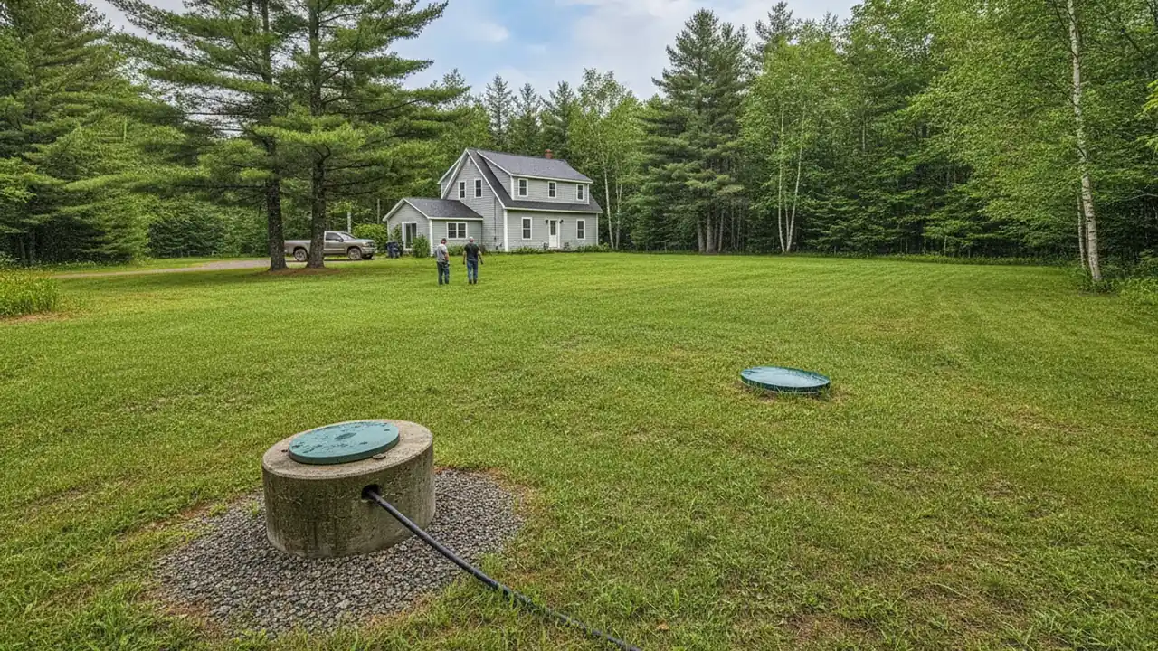 Rural Maine well head standing in a yard near a septic drain field, showing typical setback distance