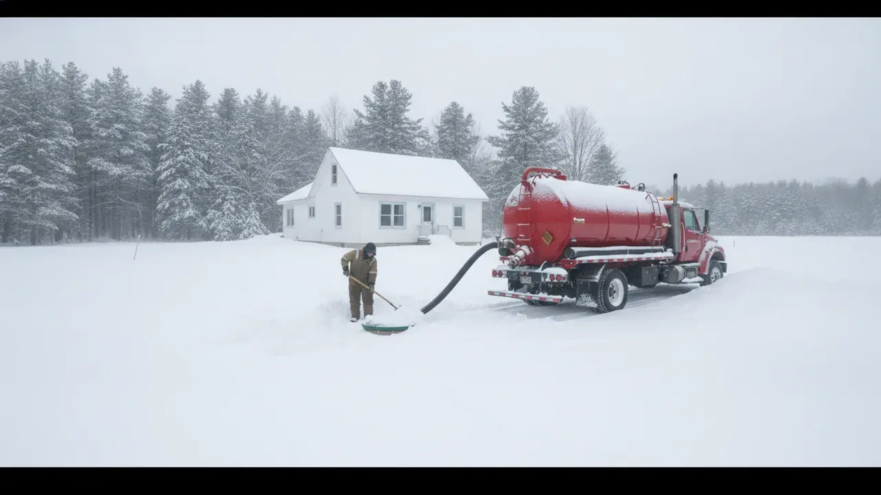 Septic pumping truck working in snow at a Bangor, Maine area home in winter