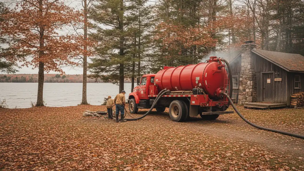 A closed-up Maine lake camp in late fall with the septic tank cover visible in the yard before the first snow