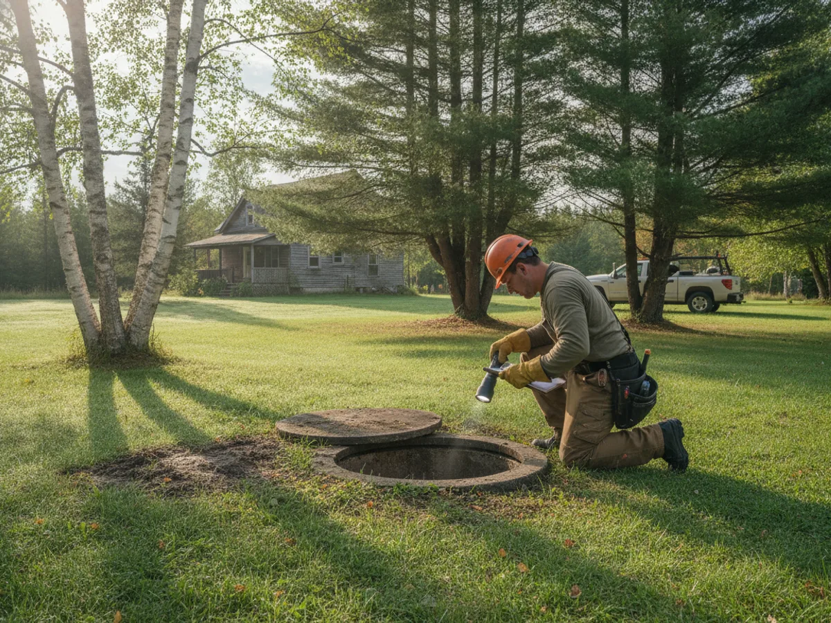 Technician inspecting an open septic tank access with a flashlight