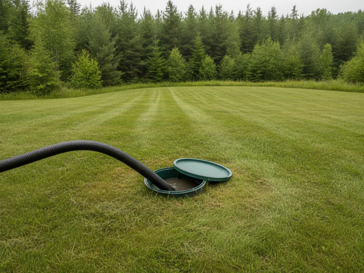 Suction hose running to an open septic tank riser on a Maine lawn