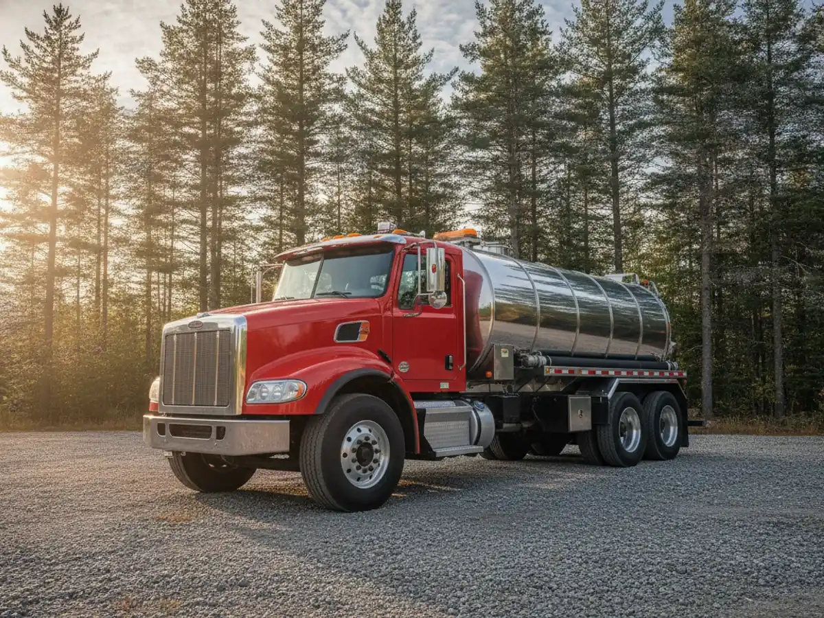 Septic pumping vacuum truck parked in front of Maine pines